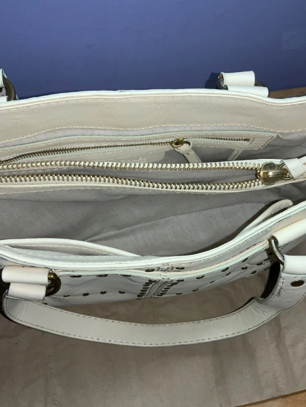 Michael Kors cream studded leather tote purse satchel nailhead detail